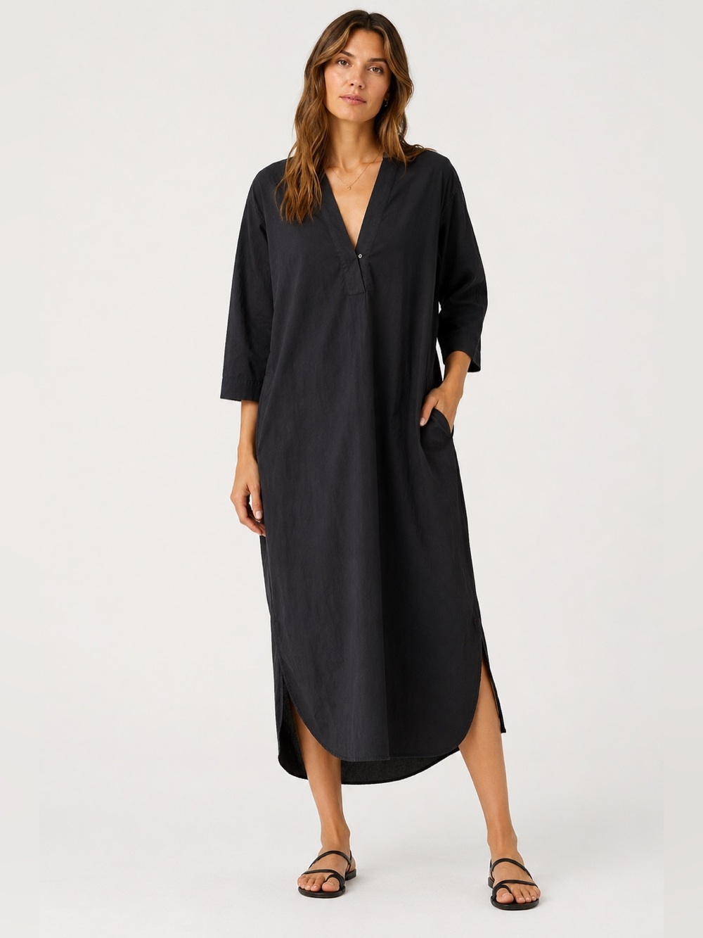 Xirena Black Cotton Caftan Midi Dress Popover Pockets Size M